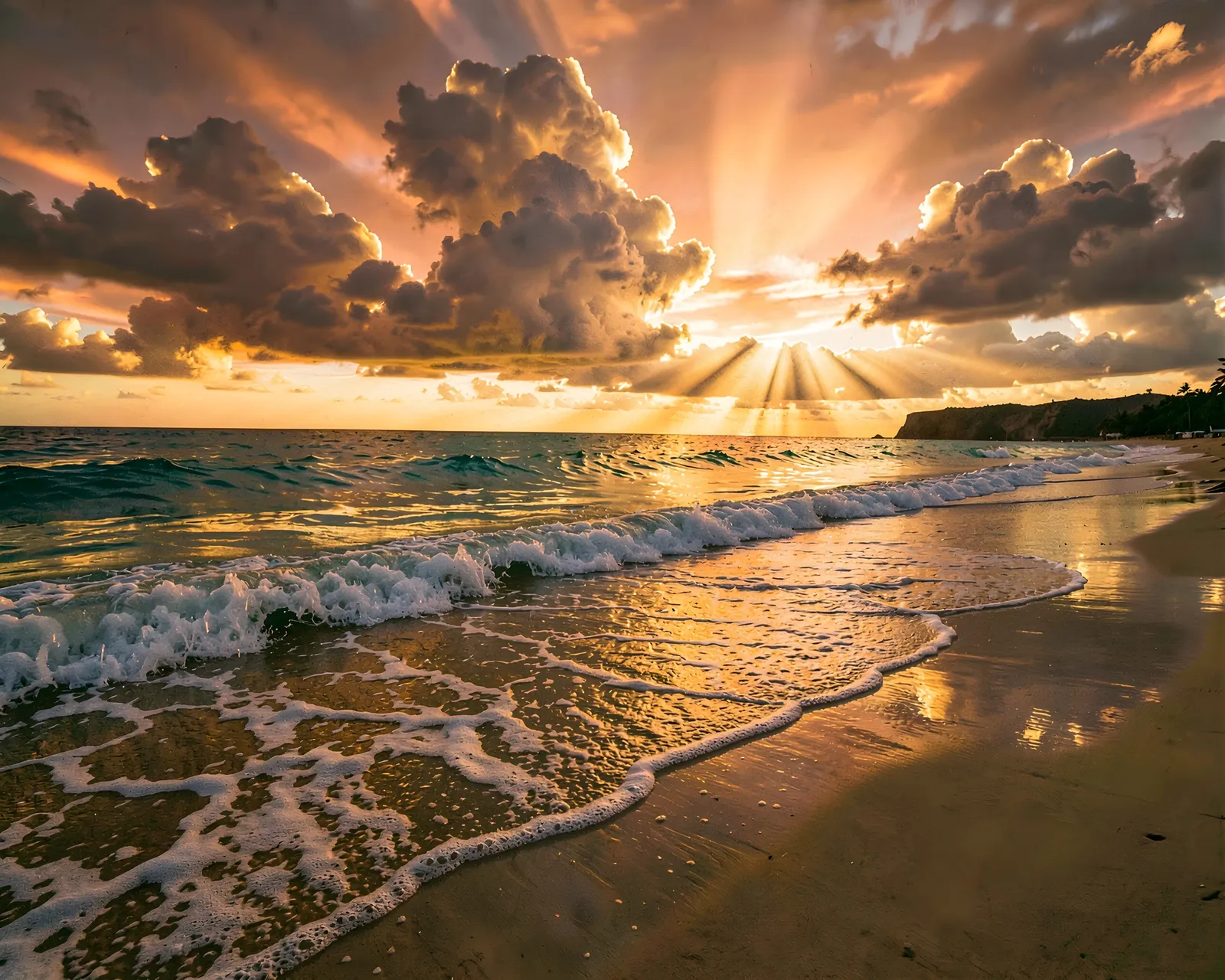 A dramatic beach at golden hour - towering clouds, sun rays, and surf glowing on wet sand