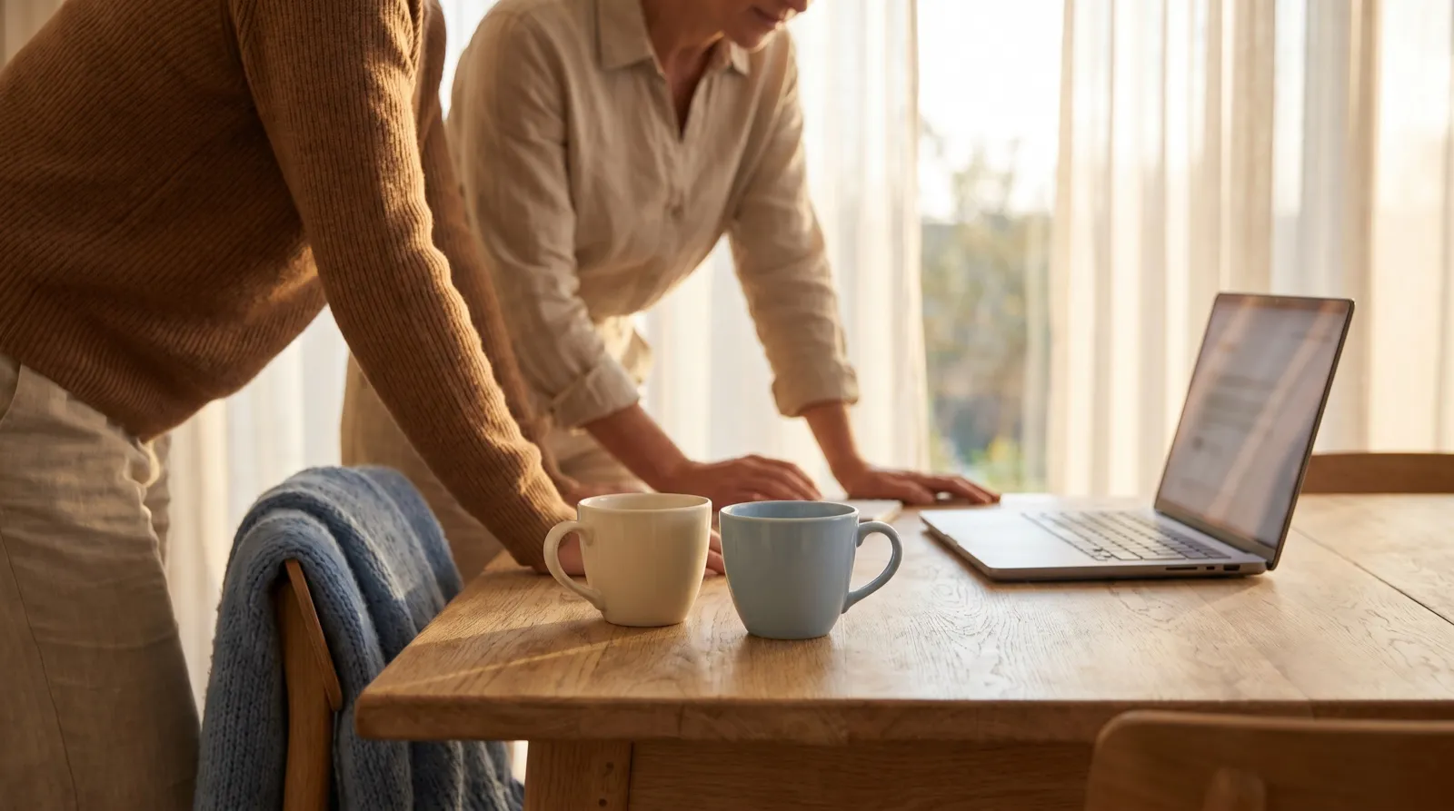 Two people collaborating over a laptop and coffee at a sunlit table